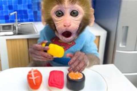 Monkey Baby Bon Bon cleans the toilet and eat Food in the kitchen